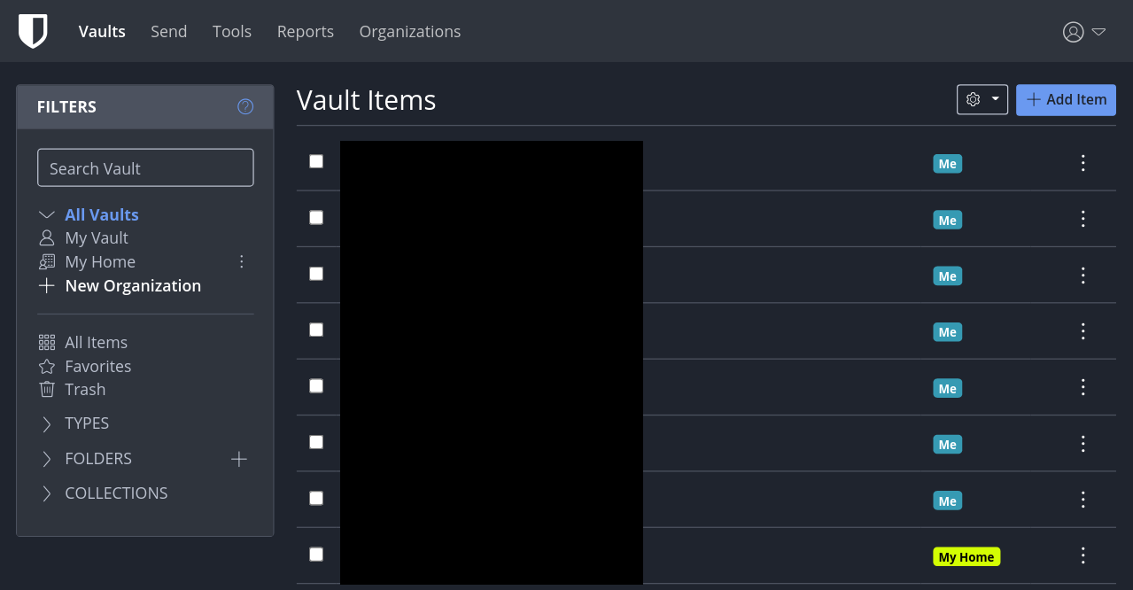 Bitwarden UI showing the “vault”